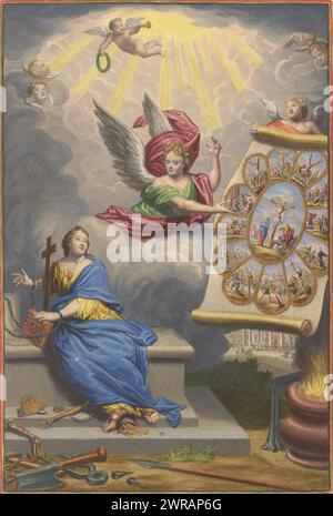 Tirage du titre avec ange montrant le martyre du Christ et des douze Apôtres à la foi enchaînée, l'histoire du N. Testament (titre sur objet), la personnification de la foi est enchaînée sur le sol. Dans ses mains une croix et une Bible. Sur le terrain à côté d'elle se trouvent les instruments de la passion et les symboles des affaires mondaines. Un ange apparaît dans le ciel et lui montre une représentation de la crucifixion du Christ, entourée de plusieurs représentations plus petites du martyre des douze apôtres. Imprimé du titre pour la deuxième partie de l'image Bible avec le Nouveau Testament Banque D'Images