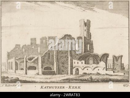 Vue des ruines de l'église chartreuse près de Delft, 1573, Kathuyser-Kerk 1573 (titre sur l'objet), vue des ruines de l'église du monastère chartreux 'Sint-Bartholomeus à Jérusalem' près de Delft, détruit en 1572, dans la situation vers 1573 sur la droite la tour battue et quelques figures au premier plan., imprimeur : Abraham Rademaker, Amsterdam, 1725 - 1803, papier, gravure, gravure, hauteur 82 mm × largeur 108 mm, impression Banque D'Images