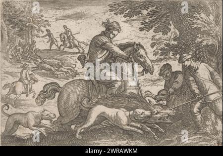 Hommes et chiens tuent un sanglier, scènes de chasse (partie 1) (titre de la série), paysage avec des chasseurs et des chiens de chasse chassant des sangliers., imprimeur : Antonio Tempesta, Nereo Dracomannio, Antonio Tempesta, Italie, 1595, papier, gravure, hauteur 83 mm × largeur 123 mm, impression Banque D'Images