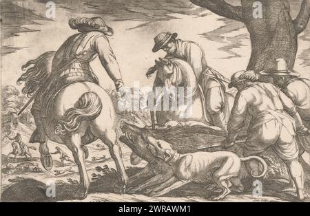 Chasse au sanglier, scènes de chasse (partie 4) (titre de la série), paysage avec des chasseurs et des chiens de chasse chassant les sangliers., imprimeur : Antonio Tempesta, éditeur : Cesari Crapanica, Giacomo Senesio, imprimeur : Italie, éditeur : Rome, Italie, 1595, papier, gravure, hauteur 133 mm × largeur 200 mm, impression Banque D'Images