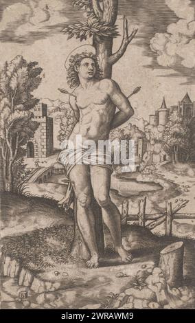 Saint Sébastien, Saint Sébastien attaché à un arbre. En arrière-plan un paysage et des bâtiments., imprimeur : Meester van de Dobbelsteen, Italie, c. 1530 - c. 1560, papier, gravure, hauteur 205 mm × largeur 131 mm, impression Banque D'Images