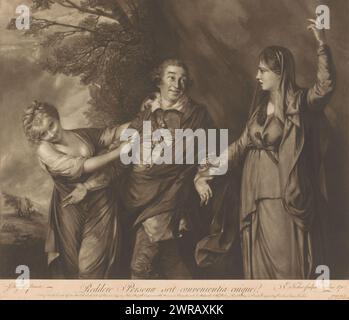 Portrait de David Garrick entre comédie et tragédie, Comédie, personnifiée comme une jeune femme souriante, tire Garrick sur sa manche. Garrick marche avec elle et regarde vers la personnification de la tragédie. Elle a attrapé son poignet et pointe vers le haut avec sa main gauche. Ses sourcils sont sillonnés., imprimeur : Edward Fisher, après peinture par : Joshua Reynolds, éditeur : Edward Fisher, Londres, 1762, papier, hauteur 401 mm × largeur 503 mm × hauteur 26 mm × largeur 502 mm, impression Banque D'Images