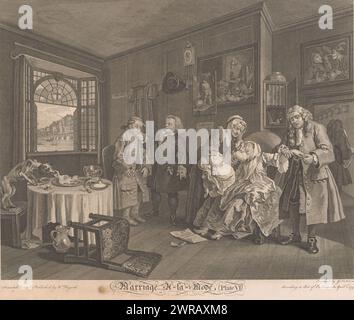 Intérieur avec la comtesse mourant dans une chaise, mariage A-la-mode, planche VI (titre sur l'objet), mariage malheureux (titre de la série), mariage A-la-mode (titre de la série), aux pieds de la comtesse se trouve un article de presse déclarant que Silverongue a été pendue pour avoir tué son mari. Son jeune enfant est soulevé par une vieille femme pour lui donner un dernier baiser. L'enfant a la syphilis, comme on peut le voir de la tache sombre sur son visage et de l'attelle sur sa jambe. Le père de la comtesse retire son alliance. Un pharmacien attrape un commis par le collier et pointe vers une bouteille de laudanum Banque D'Images