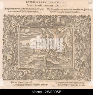 Aeneas fuit Troie avec sa famille, Aeneae pietas in parentem (titre sur objet), Aeneas fuit Troie brûlante avec son père Anchises sur le dos., imprimeur : Virgilius Solis, éditeur : Georg Rab, éditeur : Sigmund Feyerabend, imprimeur : Neurenberg, éditeur : Frankfurt am main, éditeur : Frankfurt am main, éditeur : Francfort-sur-le-main, 1569, papier, typographie, hauteur 60 mm × largeur 80 mm × hauteur 100 mm × largeur 130 mm × hauteur 150 mm × largeur 183 mm, impression Banque D'Images