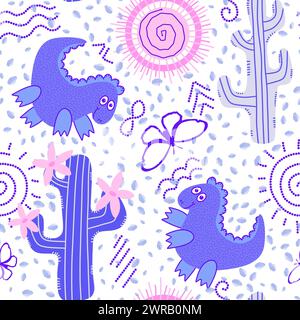 Désert d'été sans couture animaux dinosaures cactus et motif de soleil pour l'emballage du papier et des tissus et des draps et des enfants impression et emballage festif et partie Banque D'Images