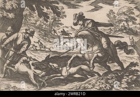 Chasse au sanglier, scènes de chasse (partie 4) (titre de la série), paysage avec des chasseurs et des chiens de chasse chassant les sangliers., imprimeur : Antonio Tempesta, éditeur : Cesari Crapanica, Giacomo Senesio, imprimeur : Italie, éditeur : Rome, Italie, 1595, papier, gravure, hauteur 133 mm × largeur 200 mm, impression Banque D'Images