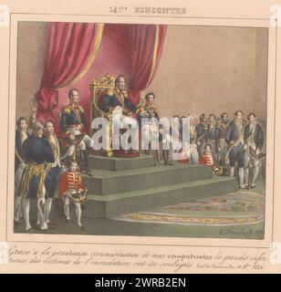 Le roi Guillaume Ier remercie pour l’aide apportée aux victimes de l’inondation de 1826, 1829, 14me rencontre (titre sur objet), les rencontres (titre de la série sur objet), rencontres avec le roi Guillaume Ier, 1829-1830 (titre de la série) lors de l’ouverture des chambres le 16 octobre 1826, le roi Guillaume Ier remercie ses compatriotes pour l'aide apportée aux victimes de l'inondation. Le roi est assis sur son trône. Assis de chaque côté de lui se trouvent ses fils, le prince héritier et le prince Frederik. Avec légende sur deux lignes. Fait partie de la série de 24 assiettes avec des rencontres avec le roi Guillaume Ier Banque D'Images