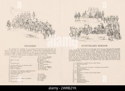 Explication et légende des quatrième et cinquième estampes de la mascarade d’Utrecht en 1856, colonies / richesses naturelles (titre sur objet), notre patrie au milieu du XVIIe siècle, présentées par S.A.S. les étudiants, membres de Mutua Fides, à l’occasion du 220e anniversaire de l’Utrechtsche Hoogeschool, 25 juin 1856 (titre de la série), feuille avec explication et légende pour les quatrième et cinquième tirages d’un groupe de sept tirages avec explication du défilé historique en mascarade effectué par les étudiants de l’association Mutua Fides de l’Université des Sciences appliquées d’Utrecht Banque D'Images