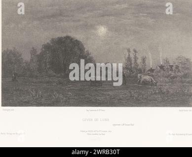 Lever la lune sur le pâturage des vaches, lever de lune (titre sur l'objet), douze paysages à Daubigny (titre de la série), douze paysages de Daubigny (titre de la série), imprimeur : Emile Louis Vernier, après peinture par : Charles-François Daubigny, imprimeur : Lemercier & Cie., imprimeur : Paris, éditeur : Paris, éditeur: New York (ville), 1870, papier, hauteur 400 mm × largeur 570 mm, impression Banque D'Images