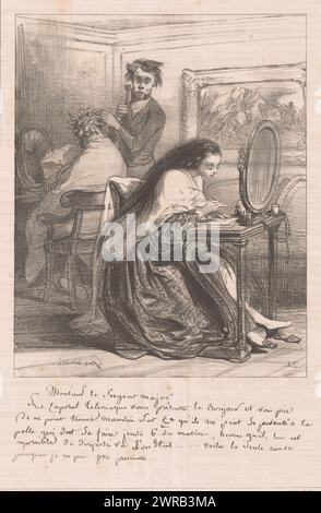 Jeune femme écrit une lettre dans le salon de coiffure, Monsieur le Sergent Major (...) (Titre sur objet), lettres (titre de la série), la boîte aux lettres (titre de la série sur objet), imprimeur : Paul Gavarni, imprimeur : Aubert & Cie., éditeur : Aubert & Cie., Paris, 1838, papier, hauteur 362 mm × largeur 238 mm, tirage Banque D'Images