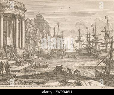 Embarquement de Saint Ursula, L'Imbarcamento di Sta. Orsola cavato nella vita de STI. (Titre sur objet), imprimeur : Dominique barrière, après conception par : Claude Lorrain, inconnu, Rome, après 1665 - 1678, papier, gravure, hauteur 200 mm × largeur 260 mm, tirage Banque D'Images