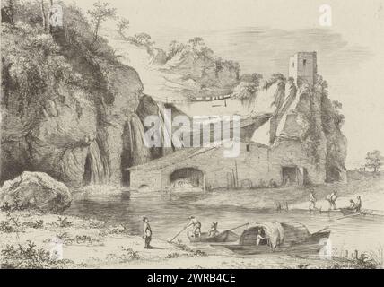 Paysage avec trois cascades près d'un moulin à eau, imprimeur : Jean Jacques de Boissieu, France, 1771, papier, gravure, pointe sèche, hauteur 189 mm × largeur 260 mm, impression Banque D'Images