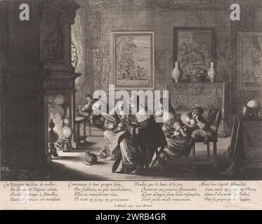 Cinq vierges folles reposant par le feu, la parabole des vierges sages et des vierges folles (titre de la série), parabole des vierges sages et folles (titre de la série), imprimeur : Abraham bosse, éditeur : Jean Leblond (I), Lodewijk XIII (koning van Frankrijk), Paris, 1638 - 1640, papier, gravure, gravure, hauteur 257 mm × largeur 322 mm, impression Banque D'Images