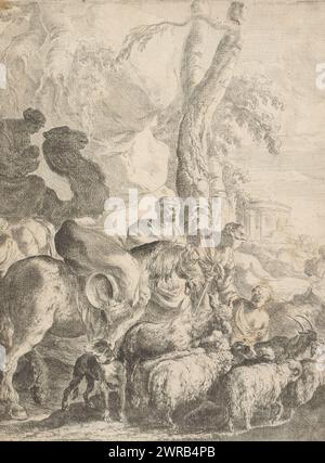 Jakob avec sa famille sur le chemin du retour, imprimeur : Sébastien Bourdon, 1626 - 1671, papier, gravure, hauteur 274 mm × largeur 202 mm, impression Banque D'Images