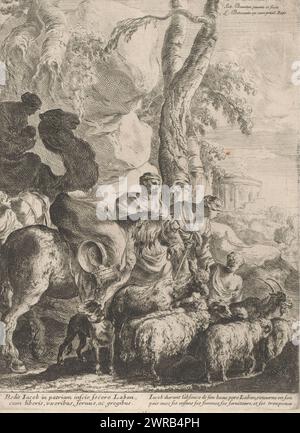 Jakob avec sa famille sur le chemin du retour, imprimeur : Sébastien Bourdon, après son propre design par : Sébastien Bourdon, éditeur : Louis Boissevin, 1626 - 1671, papier, gravure, hauteur 276 mm × largeur 203 mm, impression Banque D'Images