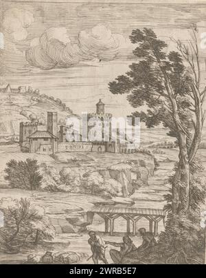 Paysage fluvial avec château et bergers, estampes d'après les dessins de l'armoire Jabach, imprimeur : Jean-Baptiste Corneille, (attribué à), d'après le dessin de : Annibale Carracci, Lodewijk XIV (koning van Frankrijk), France, 1659 - 1695, papier, gravure, pointe sèche, hauteur 272 mm × largeur 215 mm, impression Banque D'Images