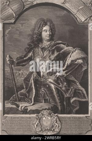 Portrait de Claude Louis Hector de Villars, Louis Hector Duc de Villars (titre sur objet), imprimeur : Pierre Drevet, d'après peinture par : Hyacinthe Rigaud, France, 1715 - 1717, papier, gravure, hauteur 525 mm × largeur 360 mm, impression Banque D'Images