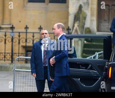 SAR William, Prince de Galles arrive à l'abbaye de Westminster pour le service le jour du Commonwealth au milieu des manifestations anti-monarchiques. 11 mars 2024 Banque D'Images