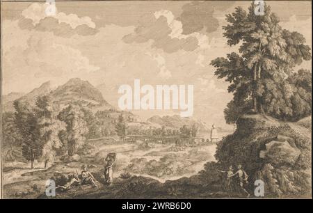 Paysage de rivière Arcadienne avec bergers et femme avec un panier à linge, paysages italiens et allemands (titre de la série), paysage de rivière Arcadienne avec bergers et une femme avec panier à linge sur sa tête au premier plan. Dans la distance bergers et un troupeau d'animaux. L'estampe peut faire partie d'une série de 40 estampes représentant des paysages italiens et allemands., imprimeur : Adolf van der Laan, après conception par : Johannes Glauber, éditeur : Leonard Schenk, Amsterdam, 1721 et/ou 1710 - 1747, papier, gravure, hauteur c. 240 mm × largeur c. 367 mm Banque D'Images