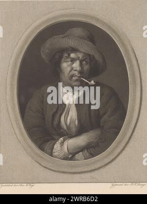 Homme inconnu fumant une pipe, Portrait buste en ovale d'un homme inconnu avec une pipe dans la bouche, chapeau sur la tête et les bras pliés devant sa poitrine., imprimeur : Johannes Philippus Lange, après avoir peint par: Ary de vois, 1820 - 1849, papier, gravure sur acier, hauteur 264 mm × largeur 193 mm, impression Banque D'Images