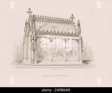 Reliquaire de Sainte-Ursula, Châsse de Sainte-Ursule (titre sur objet), Châsse de Sainte-Ursula à l'Hôpital de préparé John in Bruges (titre de la série), reliquaire décoré de scènes de l'histoire de Sainte-Ursule., imprimeur : Charles Onghena, d'après la peinture de : Hans Memling, éditeur : Société des Beaux-Arts, Bruxelles, 1841, papier, gravure, hauteur 187 mm × largeur 275 mm, impression Banque D'Images