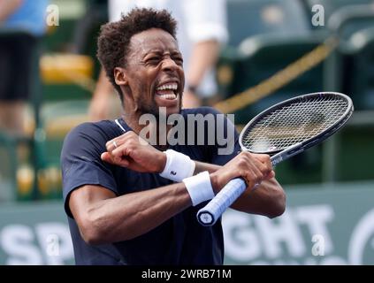 11 mars 2024 Gael Monfils, de France, célèbre sa victoire contre Cameron Norrie, de Grande-Bretagne, lors de l’Open BNP Paribas à Indian Wells, EN CALIFORNIE. Charles Baus/CSM Banque D'Images