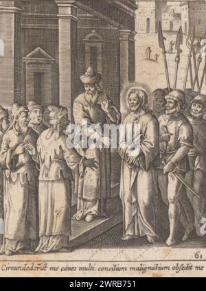 Christ avant Caiaphas, vie, passion et résurrection du Christ (titre de la série), Vita, passio et resurrectio Jesu Christi (titre de la série), image miroir numérotée en bas à droite : 16., imprimeur : Heinrich Ulrich, Allemagne, 1582 - 1671, papier, gravure, hauteur 91 mm × largeur 73 mm, impression Banque D'Images