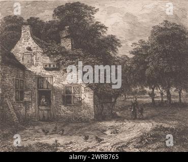 Ferme, Une ferme couverte de vignes. Un homme regarde par la porte du bas pour voir des poulets errant devant la maison. Une femme avec un enfant marche le long d'un chemin devant la maison., imprimeur : William Unger, après la peinture par : Jan Wijnants, éditeur : Frans Buffa en Zonen, imprimeur : Allemagne, éditeur : Amsterdam, 1847 - 1889, papier, gravure, hauteur 238 mm × largeur 258 mm, impression Banque D'Images