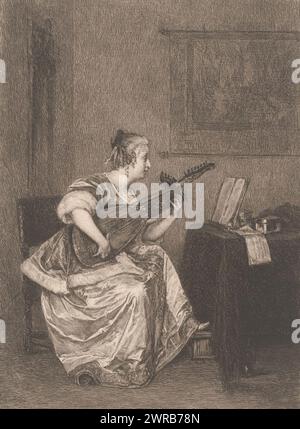 Femme jouant un luth, imprimeur : William Unger, après peinture par : Gerard ter Borch (II), Allemagne, 1847 - 1889, papier, gravure, hauteur 248 mm × largeur 159 mm, impression Banque D'Images