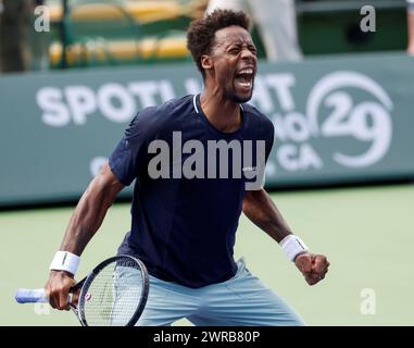 11 mars 2024 Gael Monfils, de France, célèbre sa victoire contre Cameron Norrie, de Grande-Bretagne, lors de l’Open BNP Paribas à Indian Wells, EN CALIFORNIE. Charles Baus/CSM Banque D'Images