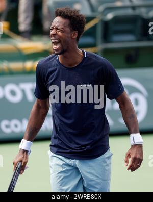 11 mars 2024 Gael Monfils, de France, célèbre sa victoire contre Cameron Norrie, de Grande-Bretagne, lors de l’Open BNP Paribas à Indian Wells, EN CALIFORNIE. Charles Baus/CSM Banque D'Images