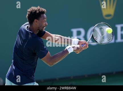 11 mars 2024 Gael Monfils, Français, retourne un tir contre Cameron Norrie, de Grande Bretagne, lors de l'Open BNP Paribas à Indian Wells, CALIFORNIE. Charles Baus/CSM Banque D'Images