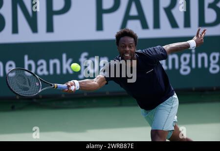 11 mars 2024 Gael Monfils, Français, retourne un tir contre Cameron Norrie, de Grande Bretagne, lors de l'Open BNP Paribas à Indian Wells, CALIFORNIE. Charles Baus/CSM Banque D'Images