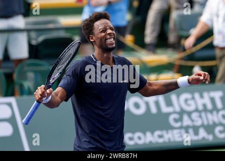 11 mars 2024 Gael Monfils, de France, célèbre sa victoire contre Cameron Norrie, de Grande-Bretagne, lors de l’Open BNP Paribas à Indian Wells, EN CALIFORNIE. Charles Baus/CSM Banque D'Images