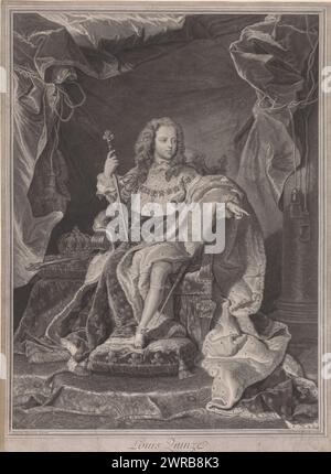 Portrait de Louis XV de France, Louis quinze (titre sur objet), imprimeur : Pierre Drevet, après peinture par : Hyacinthe Rigaud, 1723, papier, gravure, gravure, gravure, hauteur 668 mm × largeur 491 mm, impression Banque D'Images