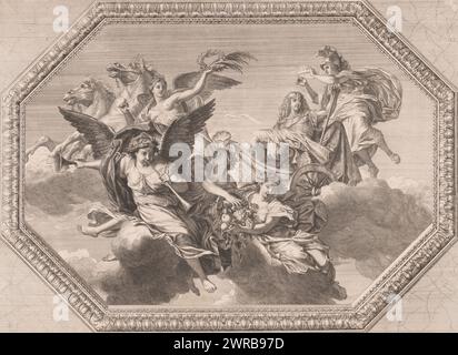 Louis XIV couronné sur un char de triomphe, Galerie d'Apollon (titre de la série), Galerie d'Apollon (titre de la série), allégorie du roi Louis il monte dans un char, tiré par deux chevaux, au-dessus des nuages, entouré de Fama, Abundantia et deux autres personnages. Minerva tient une couronne au-dessus de sa tête. La scène est contenue dans une bordure ornementale octogonale. Peinture au plafond par le Brun dans la salle royale du Louvre., imprimeur : Augustin Jacques Renard de Saint-André, après peinture par : Charles le Brun, Augustin Jacques Renard de Saint-André, France, 1695, papier, gravure, hauteur 446 mm × largeur 552 mm Banque D'Images