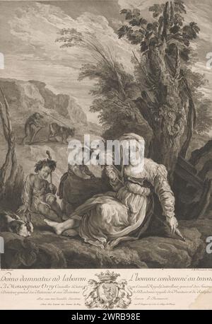 Homme condamné au travail, L'homme condamné au travail (titre sur objet), paysage avec une femme au premier plan avec un fuseau près d'un arbre et à côté de ses deux enfants. Dans le fond un homme labourant., imprimeur : Simon Henri Thomassin, après peinture par : Domenico Feti, éditeur : Laurent Cars, Paris, 1709 - 1741, papier, gravure, hauteur 590 mm × largeur 410 mm, impression Banque D'Images