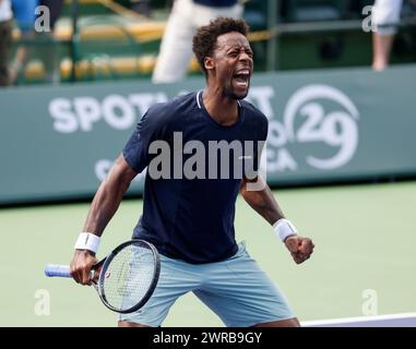 11 mars 2024 Gael Monfils, de France, célèbre sa victoire contre Cameron Norrie, de Grande-Bretagne, lors de l’Open BNP Paribas à Indian Wells, EN CALIFORNIE. Charles Baus/CSM Banque D'Images