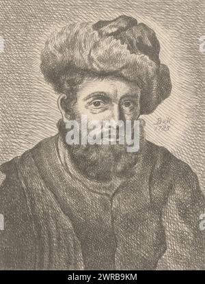 Portrait d'un homme inconnu avec un chapeau, peut-être un rabbin, imprimeur : monogrammiste BVH, d'après dessin de : Rembrandt van Rijn, (peut-être), Nord des pays-Bas, 1785, papier, gravure, hauteur 140 mm × largeur 110 mm, impression Banque D'Images