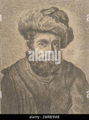 Portrait d'un homme inconnu avec un chapeau, peut-être un rabbin, imprimeur : monogrammiste BVH, d'après dessin de : Rembrandt van Rijn, (peut-être), Nord des pays-Bas, 1785, papier, gravure, hauteur 140 mm × largeur 110 mm, impression Banque D'Images