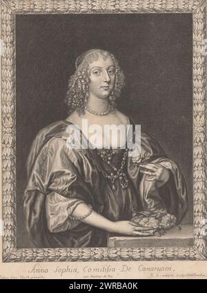 Portrait d'Anna Sophia, Comtesse de Carnarvon, Anna Sophia, Comitissa de Canarvaen (titre sur objet), Portraits de comtes et de comtesses (titre de la série), imprimeur : Pierre Lombard, après peinture par : Anthony van Dyck, éditeur : Pierre Lombard, imprimeur : Londres, éditeur : Paris, France, c. 1660 - c. 1663, papier, gravure, hauteur 314 mm × largeur 234 mm, impression Banque D'Images