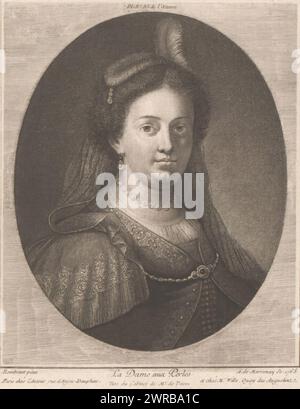 Portrait d'une femme inconnue avec un collier de perles, la Dame aux perles (titre sur l'objet), numéroté en haut au centre : PL. No 35 de l'oeuvre., imprimeur : Antoine de Marcenay de Ghuy, après peinture par : Rembrandt van Rijn, (attribution rejetée), après peinture par : Govert Flinck, (attribué à), Paris, 1768, papier, gravure, hauteur 134 mm × largeur 107 mm, impression Banque D'Images