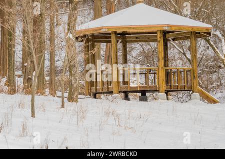 Un belvédère en bois couvert de neige dans un cadre forestier tranquille, en Corée du Sud Banque D'Images