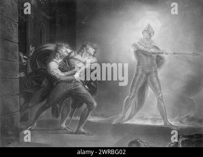 Shakespeare, Hameau, Prince de Danemark, peint par H. Fuseli R.A., gravé par R. Thew., acte 1, scène 4, du Hameau de Shakespeare, Prince de Danemark, montrant Hamlet, Horatio, Marcellus, et le fantôme, sur la plate-forme devant le Palais d'Elsinor., Thew, Robert, 1758-1802, artiste, Londres : publié par J. & J. Boydell, 1796., Shakespeare, William, 1564-1616., hameau, gravures, 1790-1800., gravures, 1790-1800, 1 tirage : gravure Banque D'Images