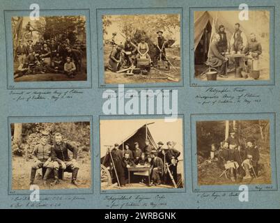 Portraits de soldats et de serviteurs de divers quartiers généraux de l'Union ; montre également la tente du photographe, le corps d'ingénieur topographique, et des portraits de George A. Custer, photographiés en 1862, imprimés plus tard, Custer, George Armstrong, 1839-1876, Service militaire, Portraits de groupe, 1860-1870., Portraits de groupe, 1860-1870, Portrait Photographs, 1860-1870, 6 tirages photographiques sur monture de carte Banque D'Images