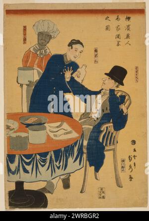 Yokohama ijin shōka shuen no zu, estampe japonaise montre un marchand anglais assis à une table et étant attendu par un Chinois et un cuisinier thaïlandais lors d'un banquet dans une maison marchande de Yokohama, Japon., Utagawa, Sadahide, 1807-1873, artiste, Japon : Daikokuya Heikichi, 1861., visiteurs étrangers, anglais, Japon, Yokohama-shi, 1860-1870, gravures sur bois, japonais, couleur, 1860-1870., gravures sur bois, Japonais, couleur, 1860-1870, 1 tirage sur papier hōsho : gravure sur bois, couleur, 34,5 x 23,5 cm. (bloc), 36,5 x 25,5 cm. (feuille Banque D'Images