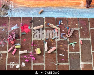 La main d'un enfant utilise de la craie lâche pour dessiner une image sur le trottoir lors d'un festival local d'arts de la craie. Banque D'Images