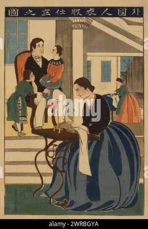 Gaikokujin ifuku Shitate no zu, tirage japonais montre une femme étrangère utilisant une machine à coudre tandis que son mari et ses enfants sont assis ensemble dans le fond., Utagawa, Yoshikazu, actif 1848-1863, artiste, Japon : Maruya Jinpachi, 1860., couture, Japon, 1860, gravures sur bois, Japonais, couleur, 1860., gravures sur bois, japonais, couleur, 1860, 1 tirage sur papier hōsho : gravure sur bois, couleur, 33,5 x 22,2 cm. (bloc), 37 x 25,6 cm. (feuille Banque D'Images