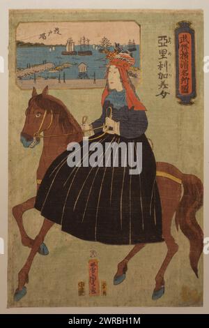 Bushū Yokohama meishō zu - Amerika bijo, hatoba, estampe japonaise montre une jeune femme américaine assise à cheval sur un cheval et une image incrustée d'une jetée., Utagawa, Yoshitora, actif 1850-1870, artiste, Japon : Enhiko (Enshūya Hikobei), 1860., visiteurs étrangers, américain, Japon, Yokohama-shi, 1860, gravures sur bois, Japonais, couleur, 1860., gravures sur bois, Japonais, couleur, 1860, 1 tirage sur papier hōsho : gravure sur bois, couleur, 34 x 23 cm. (bloc), 36,2 x 23,8 cm. (feuille Banque D'Images