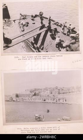 Péniches de charbon et les passants dont les corps sont aussi noirs que la nuit avec de la poussière de charbon Malte présente une colline de pierre blanche de bâtiments et de forts avec pas un pouce d'ombre du soleil oriental chaud., les photographies montrent des ouvriers sur une péniches de charbon avec des paniers, et une vue de la côte de Malte., Carpenter, Frank G. (Frank George), 1855-1924, photographe, 1923., barges, Malte, 1920-1930, tirages argentés gélatinés, 1920-1930., tirages argentés gélatinés, 1920-1930, 2 tirages photographiques (1 page) : gélatine argentée Banque D'Images